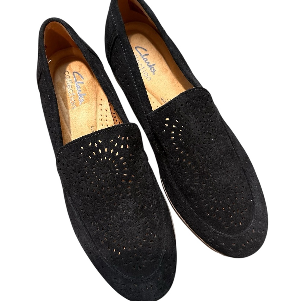 Clarks Black Suede Loafers with Elegant Perforations